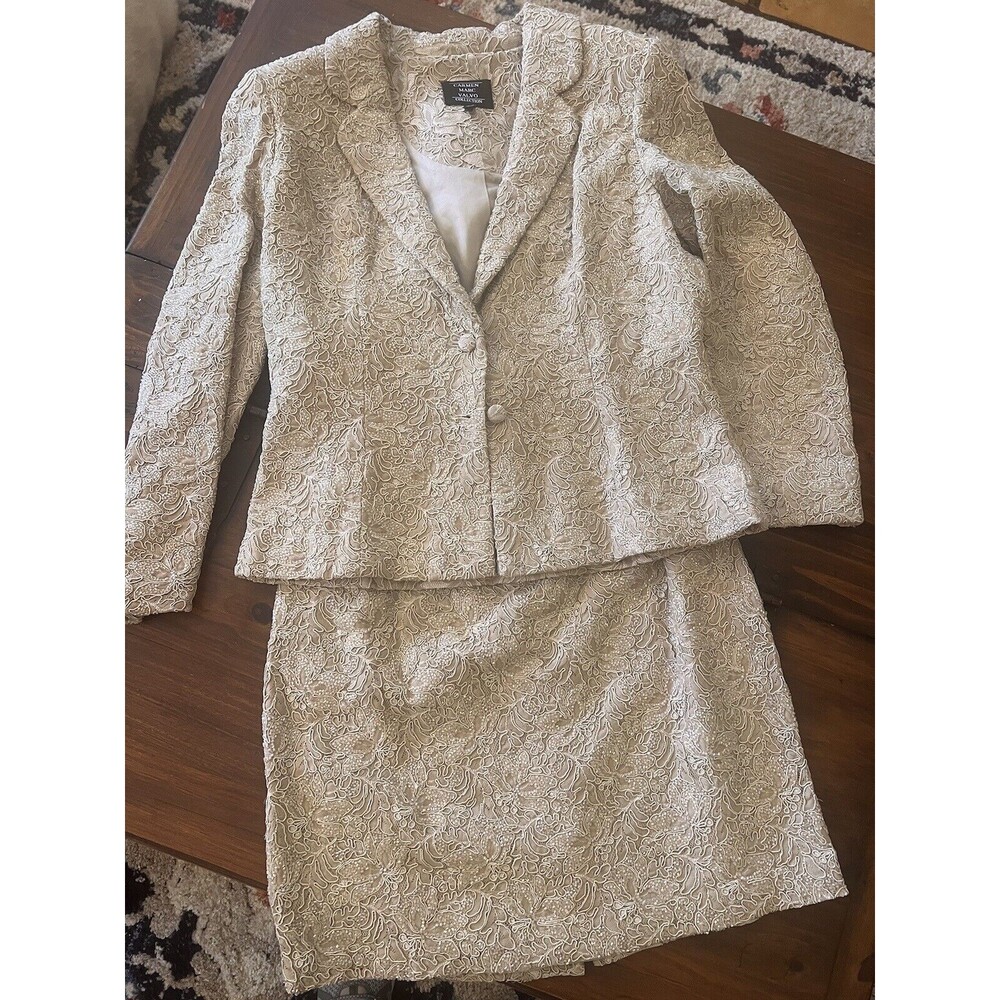 Carmen Marc Valvo Suit Womens Jacket Skirt Gold Wedding Formal VTG 14